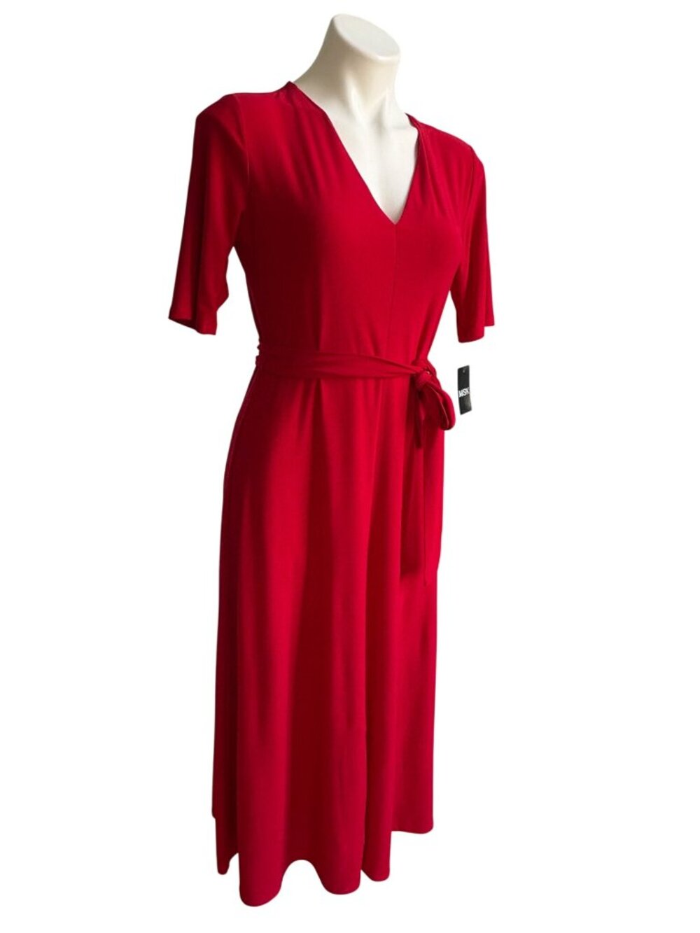 MSK NWT $69 Womens Red Jersey V-Neck Midi Dress With Belt Size S - Picture 4 of 10